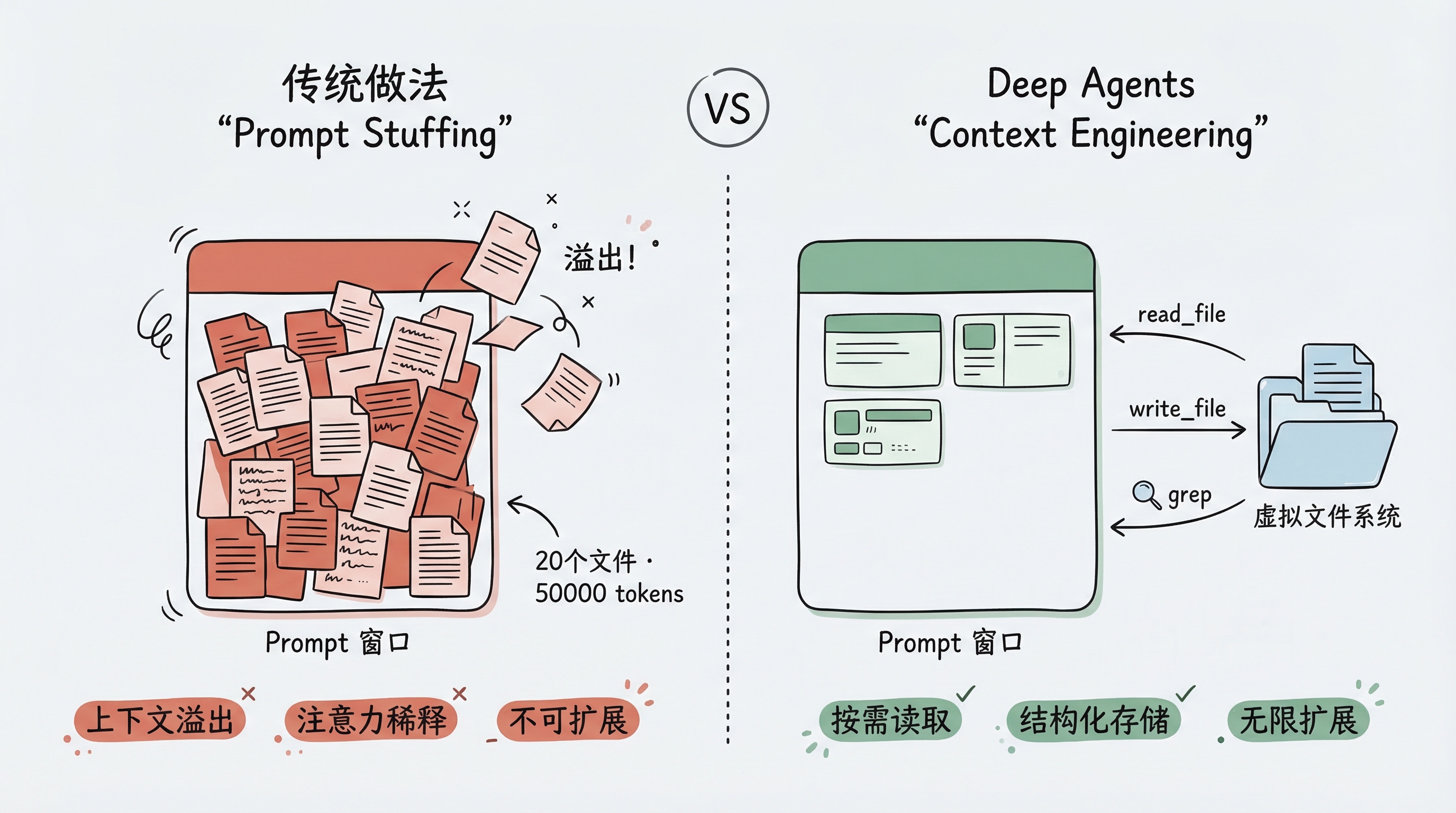 Context Engineering 对比：左侧传统 Prompt Stuffing 导致上下文溢出、注意力稀释、不可扩展；右侧 Deep Agents 通过虚拟文件系统按需读取，实现结构化存储和无限扩展